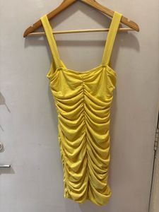 Chic Ruched Yellow Mini Dress