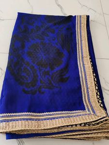 Royal Blue Saree with Black Floral Print