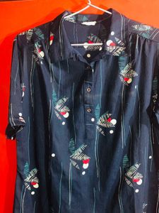 Vintage Patterned Navy Button-Up Top