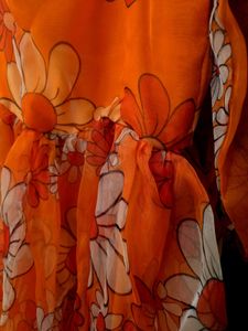 Orange Floral Puff Sleeve Midi Dress