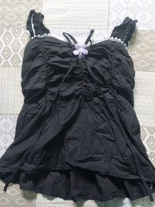 Black Lace Trim Ruched Top