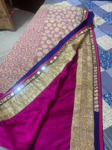 Elegant Saree with mirror work Pink Border