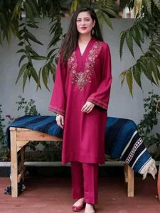 ✨ Royal Wine Embroidered Kurta Pant Set for Women