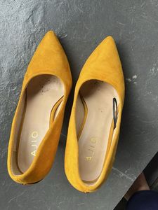 Mustard Suede Heels with Unique Heel Detail
