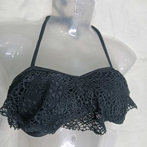 Black ,32,34 Crochet Ruffle Bikini Top