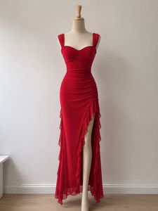 Stunning Red Ruffled High Slit Gown