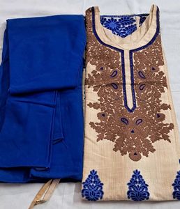 Beige &amp; Royal Blue Embroidered Raw Silk Kurti Set