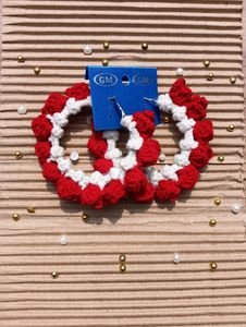 Chunky Red & White Crochet Hoop Earrings