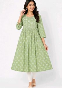 Green printed Anarkali kurta with embroidery