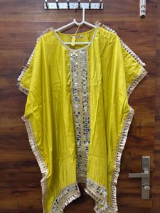 Yellow Kaftan Kurta Set with Mirror Work