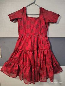 Red Floral 3 Tiered Dress, Square neck.