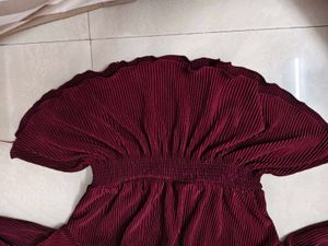 Maroon Pleated Jumpsuit with Cold Shoulder