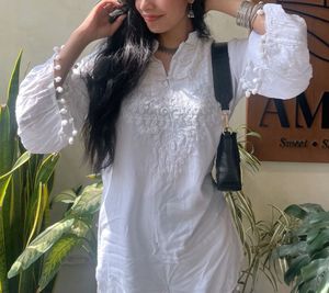 White Embroidered Kurta with Pom-Pom Sleeves