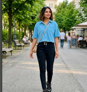 Stylish Black Skinny Jeans blue shirt
