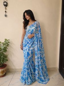 Blue Floral Print Saree