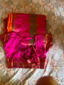 Vibrant Pink Silk Blouse with Golden Border