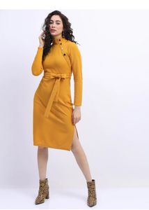 Mustard Yellow Belted Turtleneck Dress