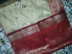 Elegant Beige & Red Silk Saree