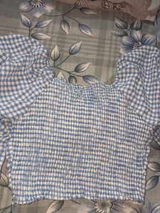 Cute Blue Gingham Puff Sleeve Top