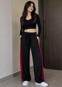 Stylish Wide-Leg Pants with Red Stripes