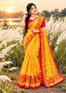 Vibrant Yellow Saree with Red Border