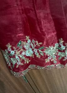 Embroidered red Kurta with plazo and dupatta
