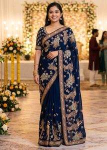 Navy Blue Saree with Embroidered Designer blouse