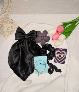 Chic Black Satin Bow &amp; Hair Clips Set