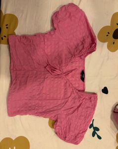 Pink Tie-Front Puff Sleeve Top