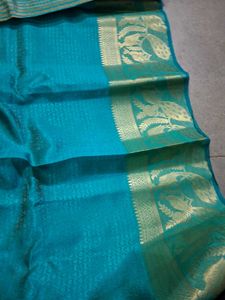 Blue Striped Silk Saree with Gold Border