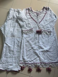 White Eyelet Kurta Set with Tassels