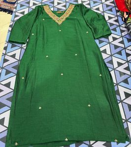 Elegant Green Kurta with Embellished Neckline