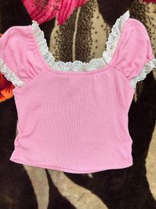 Cute Pink Lace Trim Puff Sleeve Top