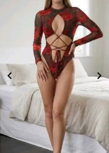 Floral Print Lace-Up Bodysuit shein