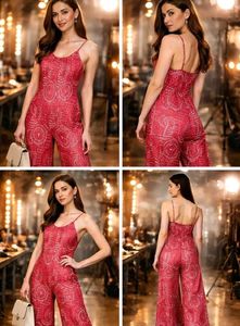 Elegant Red Printed Wide-Leg Jumpsuit for Women
