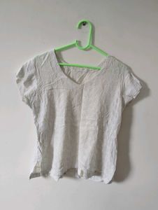 White Embroidered V-Neck Top