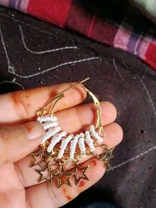 Gold Star Hoop Earrings with White Beads