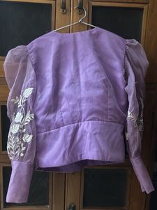 Lavender Organza Embroidered Puff Sleeve Blouse