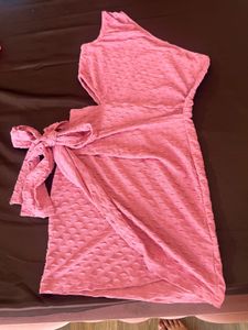 Pink One-Shoulder Textured Wrap Dress