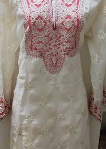 Elegant White Kurta Set with Pink Embroidery