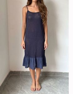 Navy Blue Slip Dress with Ruffle Hem