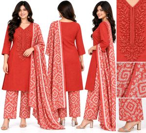 Red Embroidered Kurta Set (unstitched)
