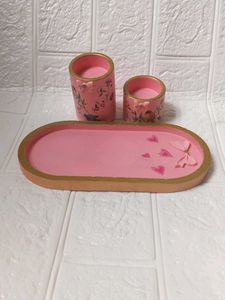Decorative Pink Trinket Tray and candle holder Set