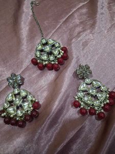 SilverPlated Kundan Style Earrings + MaangTikka