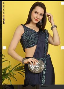 Ready to wear Navy Blue Saree with stitched blouse