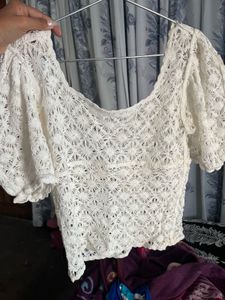 White Crochet Puff Sleeve Top