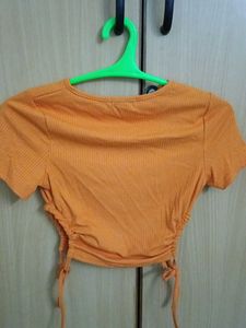 Orange Ribbed Crop Top with Drawstrings