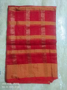 Brand New Red Checks Cotton Mix Sari