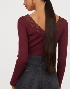 H&amp;M Maroon Ribbed Top with Lace