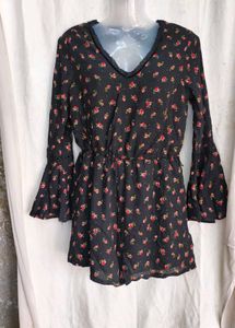 Black Floral Print Romper with Bell Sleeves